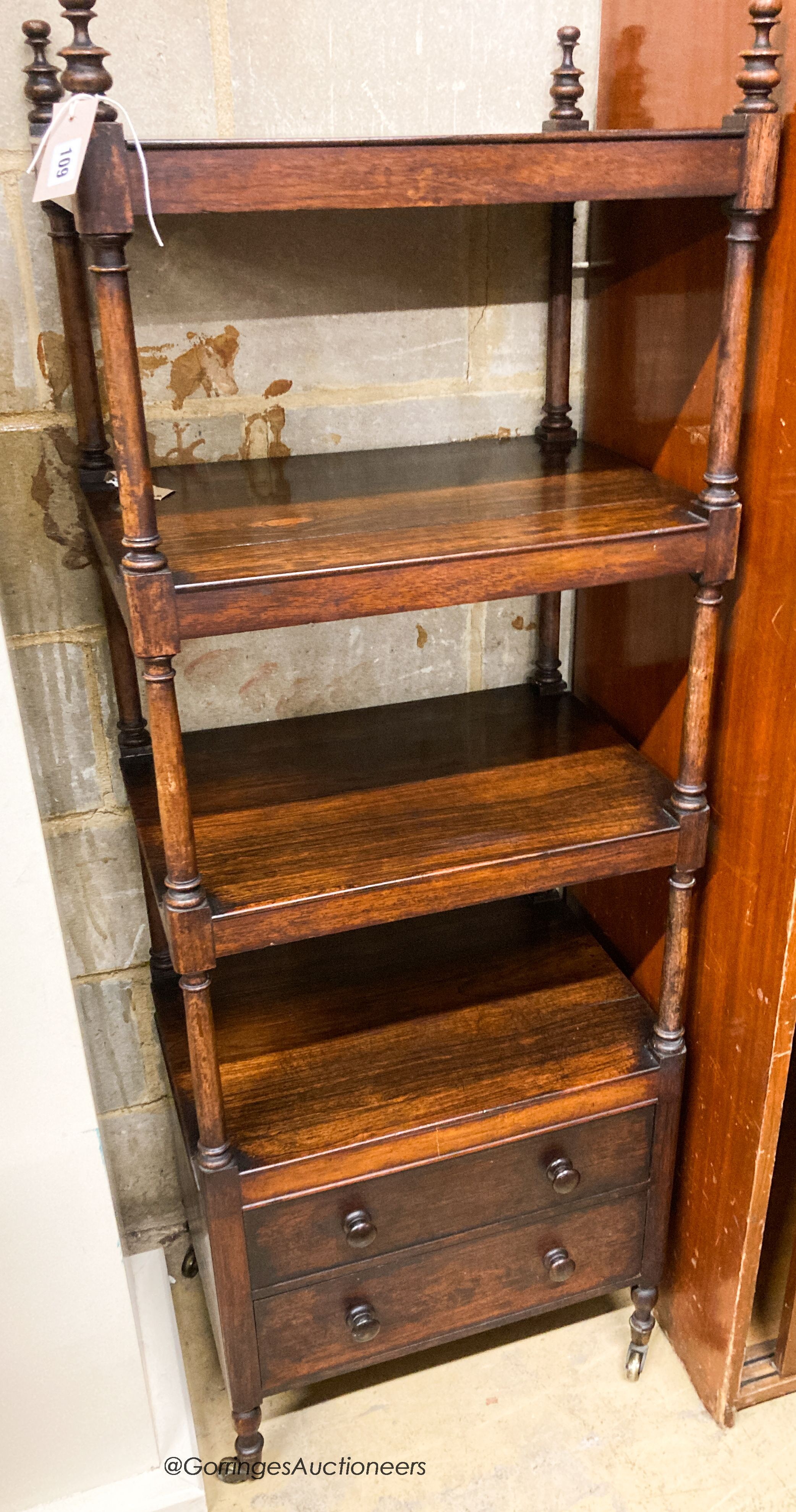 A Regency rosewood four tier two drawer whatnot, width 54cm, depth 39cm, height 148cm